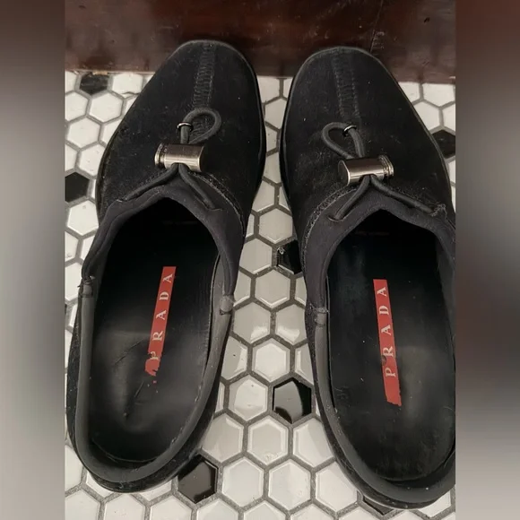 Authentic Prada Y2K Black Wool Rubber Flat Slip On Clogs - Size 7.5 - Picture 9 of 14